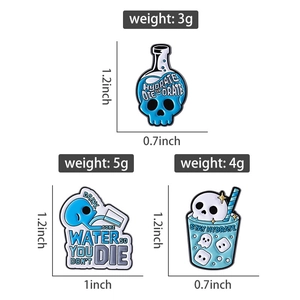 Blue enamel lapel pins showing size and weight details for beaker and skull designs
