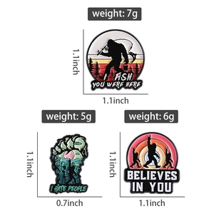 Detailed specs of Bigfoot enamel pins featuring outdoor themes and witty engraved quotes