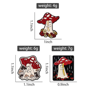 Close-up of cute mushroom ghost enamel pins with precise dimensions and weight details