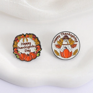 Thanksgiving enamel pins set featuring a turkey with pumpkin and autumn leaf wreath