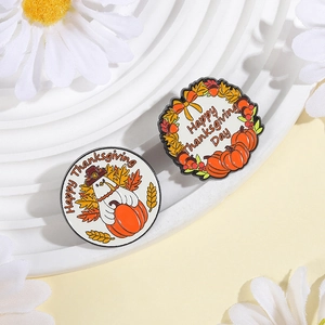 Enamel Thanksgiving lapel pin set featuring festive turkey and pumpkin wreath design