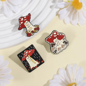 Cute mushroom ghost enamel pins set with red and white colors for clothes and bags