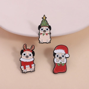 Three cute Christmas Pug enamel pins with Santa hat and reindeer antler decorations