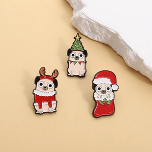 Three festive Christmas pug enamel pins featuring tree hats, antlers, and stockings