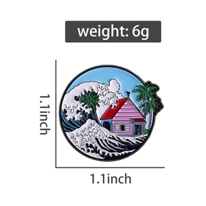Detail showing enamel pin badge dimensions 1.1x1.1 inches with anime house and wave