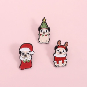 Cartoon Christmas Pug Dog Enamel Brooch Pin Zinc Alloy Festive Reindeer Antler Stocking Tree Badge For Christmas Party Women Men Gift