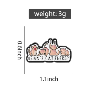 Detail of Orange Cat Energy enamel pin with dimensions 1.1 x 0.6 inches shown on white background