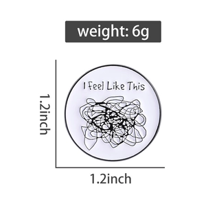 Detail view of 1.2-inch enamel pin showing dimensions, 6g weight, and text graphics