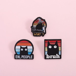 Three-piece black cat enamel pin set with funny text on a soft pink background