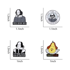 Set of four Shakespeare enamel pins with humorous literature quotes and cartoon designs