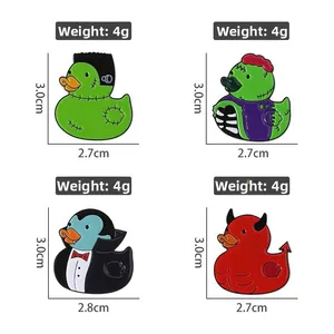 Detailed view of Halloween rubber duck enamel pins set with size and weight measurements