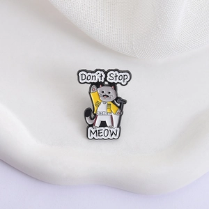 Creative enamel cat brooch featuring Freddie Mercury style and Don't Stop Meow text