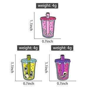 Detailed size chart showing spooky beverage pins with teeth, eyeballs and bird skull