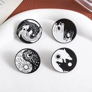 Creative yin yang enamel pin set featuring koi fish, cats, wolves, and celestial patterns
