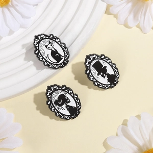 Gothic skull and cat enamel pins set with vintage oval frame design for clothing and bags