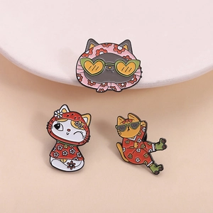 Three cute cartoon cat enamel pins set featuring stylish sunglasses and floral outfits