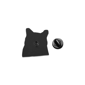 Detailed back view of cat pin with black rubber clutch and secure metal needle