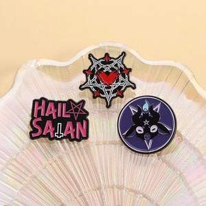 Gothic metal pin set with goat head, pentagram heart, and Hail Satan enamel badges