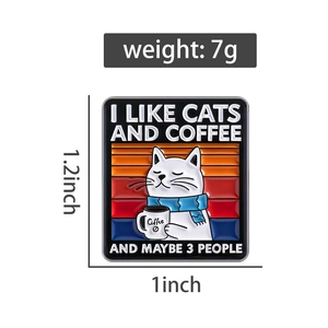 Detail of cartoon white cat and coffee cup enamel pin with humorous English text
