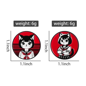 Detail of cute sailor cat enamel pins showing 1.1 inch size and 6g weight specs