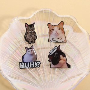 Funny cat meme enamel pins set with HUH and WHAT text badges for clothing accessories