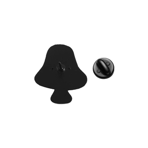 Detail view of the black matte mushroom pin back featuring a sharp needle and rubber clutch