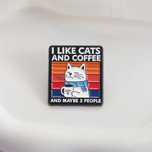 Retro cat coffee enamel pin featuring the quote I Like Cats and Coffee on white fabric