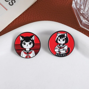 Anime cat girl enamel pins set in red and black nautical style on a white background