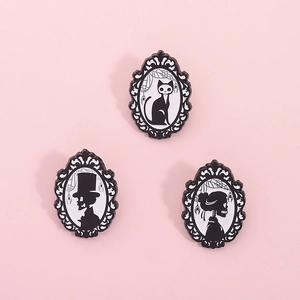 Vintage Gothic Enamel Brooch Pin Black White Victorian Frame Skeleton Lady Gentleman Cat Spider Web Halloween Accessory