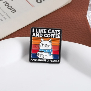 Cute enamel cat coffee badge with warm sunset stripes for clothes and bags decoration