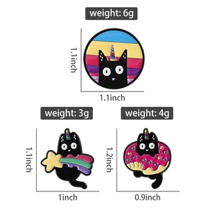 Detailed size and weight specs for three black unicorn cat enamel pins with rainbow stars
