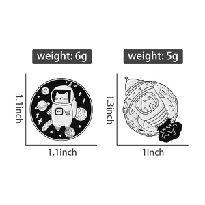 Detailed size and weight specs for astronaut and rocket cat enamel lapel pins