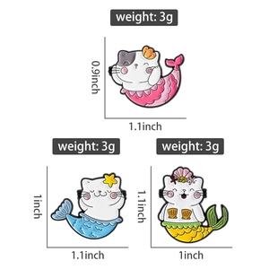 Vue détaillée des épingles chat sirène avec indications de poids et de dimensions