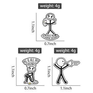 Detail specifications of creative stick figure enamel pins with weight and size data