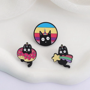 Three-piece set of cute black cat enamel pins featuring rainbow and unicorn horn motifs