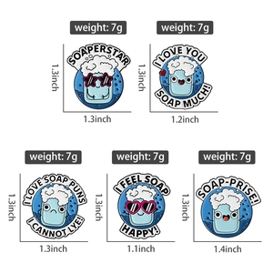 Detail view of cartoon soap enamel pins with sizes and weights in a grid layout