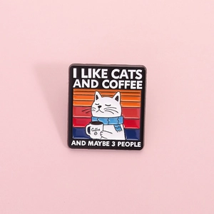 Funny cat coffee enamel pin featuring a white cat with blue scarf on a sunset background