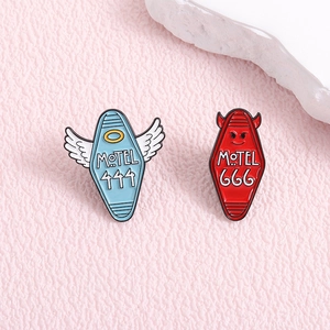 Creative Motel series enamel pins with angel 444 and devil 666 coffin shapes for bags