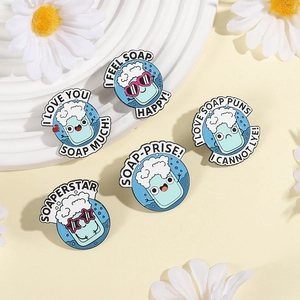 Set of 5 cute cartoon enamel soap brooches with humorous text for bags and clothes