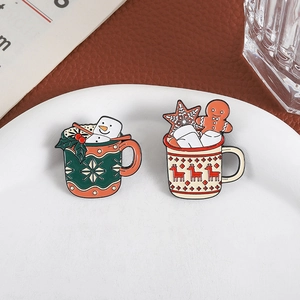 Christmas enamel pin set with cute snowman and gingerbread man in mugs holiday brooches