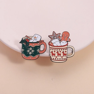 Festive Christmas Enamel Brooch Pins Cute Snowman Gingerbread Man Reindeer Cup Shape Alloy Badge Gift For Clothing Decoration
