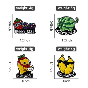 Detailed size and weight chart for creative cartoon fruit enamel pins in four styles
