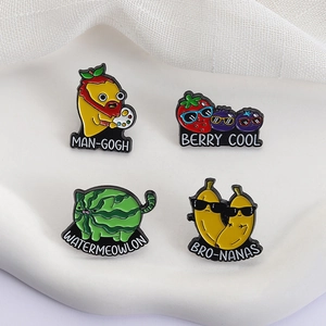Set of 4 cute fruit enamel pins including Man-Gogh mango and Berry Cool strawberry pins
