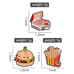 Detail of kitten burger and fries enamel pins with precise dimensions and 5g weight