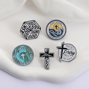 Five-piece Christian enamel pin set featuring geometric cross designs and religious quotes