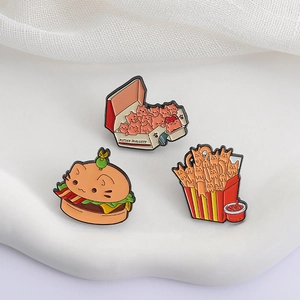 Three-piece cartoon cat fast food enamel pin set featuring burger and fries style