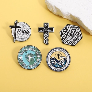 Set of five religious enamel pins with cross designs and inspirational quotes on yellow background