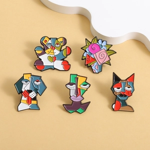 5-piece Picasso art style enamel pin set with abstract animal and floral geometric designs