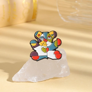 Artistic Picasso style bear brooch with colorful geometric enamel on crystal rock