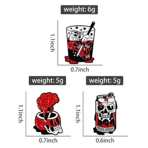 Detailed size chart showing dimensions and weight for Halloween skull drink enamel pins